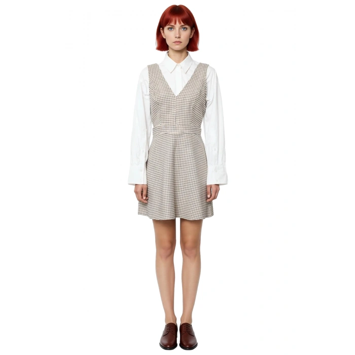 Kadın Jile Elbise Bej Ekose Kareli %100 Pamuk V Yaka Mini Boy Dokuma Günlük Kombinler İçin İdeal