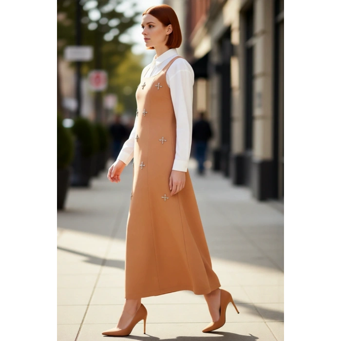 Kadın Jile Elbise Zamansız Zarafet Sunan Kare Yaka Taş Detaylı Astarsız Dokuma Tasarım Kaliteli