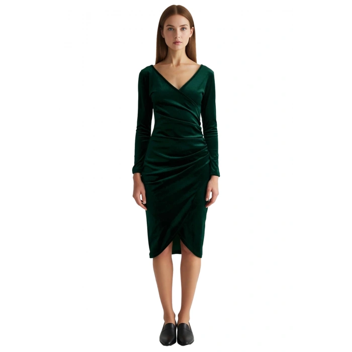 Kadın Kadife Bodycon Midi Uzun Kollu Kruvaze Yaka Örme Şık Drape Detaylı Kokteyl Elbisesi Kaliteli