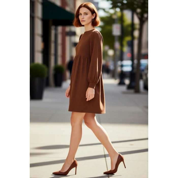 Kadın Kahverengi A Kesim Bürümcük Dokulu Balon Kol Bisiklet Yaka Uzun Kollu Mini Elbise Günlük