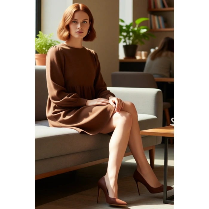 Kadın Kahverengi A Kesim Bürümcük Dokulu Balon Kol Bisiklet Yaka Uzun Kollu Mini Elbise Günlük