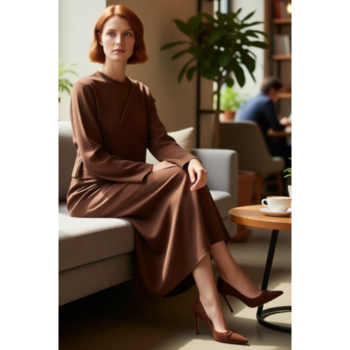 Kadın Kahverengi A Kesim Maxi Tesettür Örme Elbise Şık Ve Konforlu Günlük Kullanım İçin İdeal Seçim