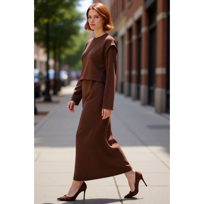 Kadın Kahverengi A Kesim Maxi Tesettür Örme Elbise Şık Ve Konforlu Günlük Kullanım İçin İdeal Seçim