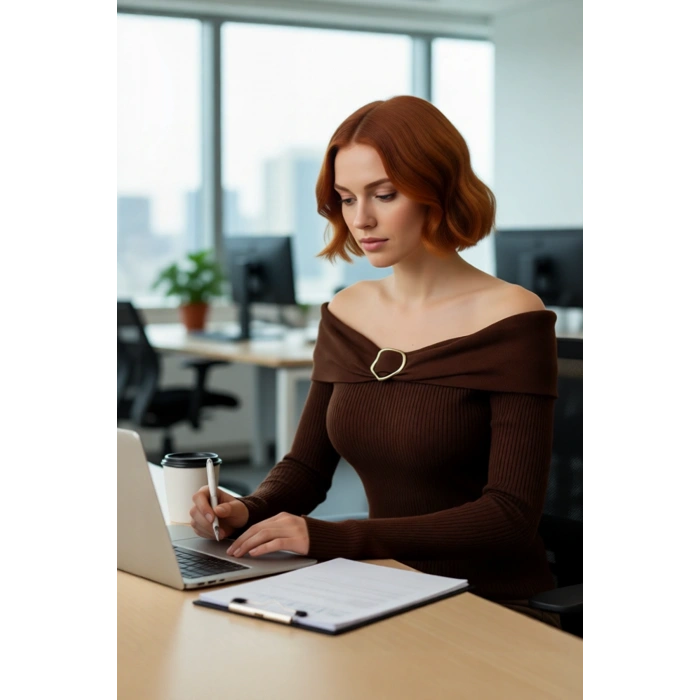 Kadın Kahverengi Aksesuar Detaylı İnce Triko Kazak Carmen Yaka Fitted Şık Giyim Kaliteli