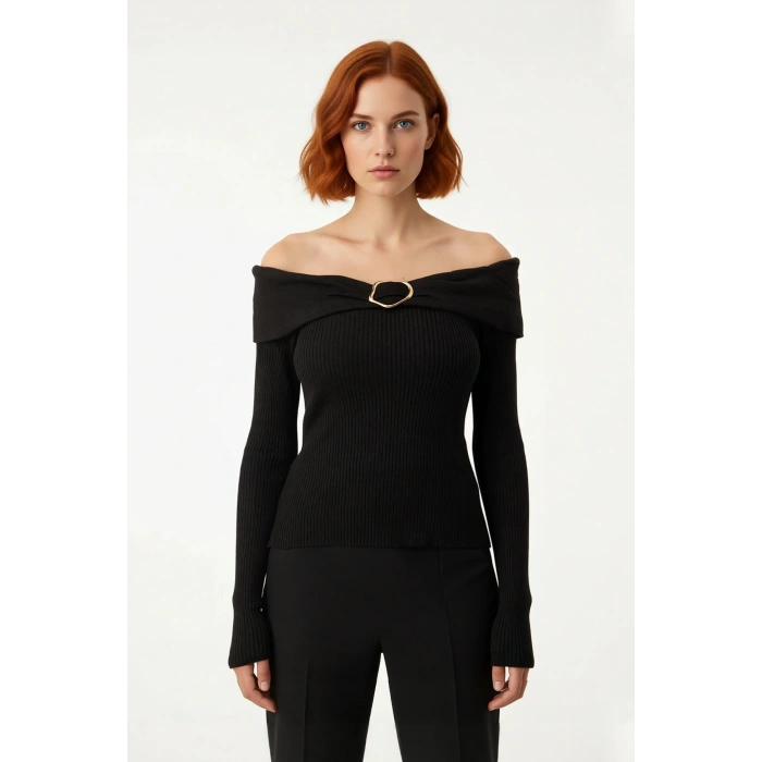 Kadın Kahverengi Aksesuar Detaylı İnce Triko Kazak Carmen Yaka Fitted Şık Giyim Kaliteli