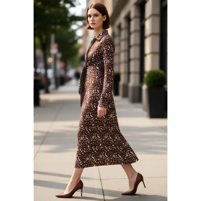 Kadın Kahverengi Baskılı A line Maxi Örme Elbise Büzgü Detaylı Polo Yaka Kış Sezonu Şıklığı