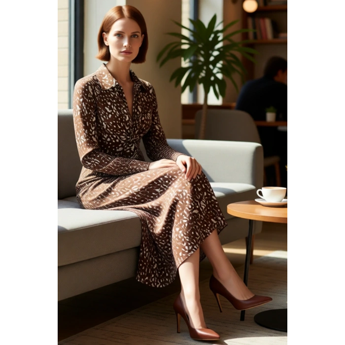 Kadın Kahverengi Baskılı A line Maxi Örme Elbise Büzgü Detaylı Polo Yaka Kış Sezonu Şıklığı