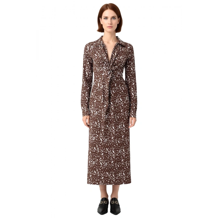 Kadın Kahverengi Baskılı A line Maxi Örme Elbise Büzgü Detaylı Polo Yaka Kış Sezonu Şıklığı