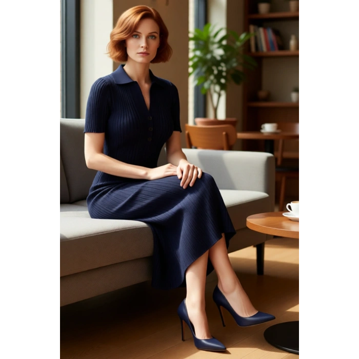 Kadın Kahverengi Bodycon Maxi Polo Yaka Standart Kısa Kollu Triko Elbise Günlük Şık Rahat İlkbahar