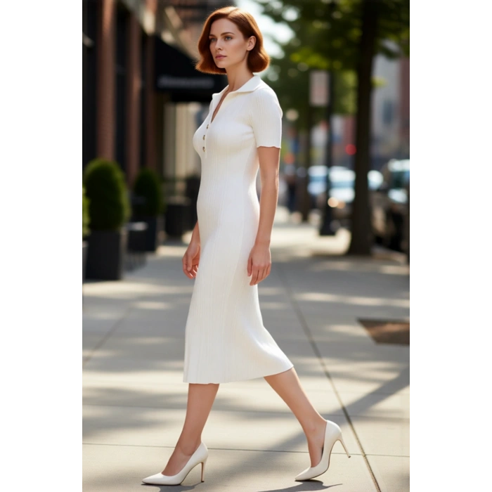 Kadın Kahverengi Bodycon Maxi Polo Yaka Standart Kısa Kollu Triko Elbise Günlük Şık Rahat İlkbahar