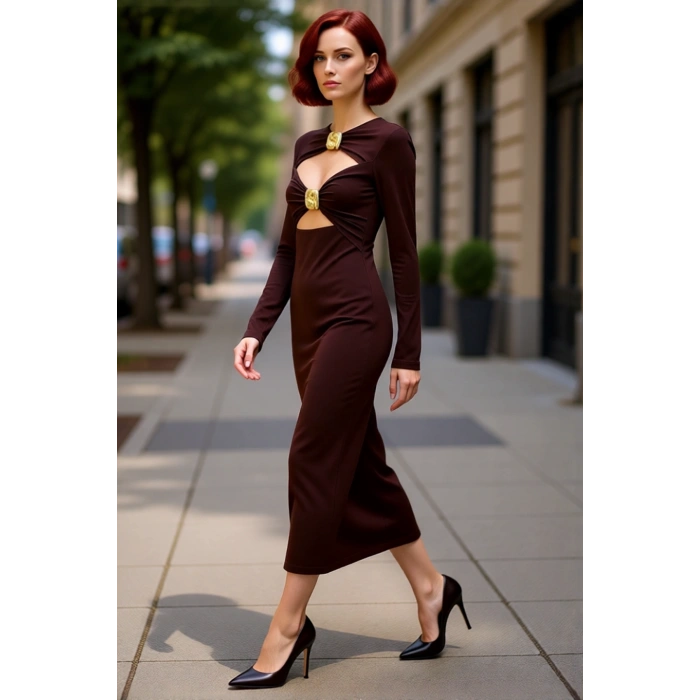 Kadın Kahverengi Bodycon Midi Elbise Aksesuar Detaylı Uzun Kollu Sandy Örme Kokteyl Şıklığı