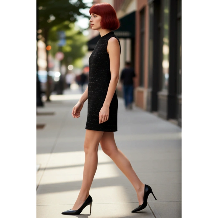 Kadın Kahverengi Dokulu Shift Kalıp Kolsuz Mini Triko Elbise Kış ve Sonbahar Şıklığı İçin İdeal