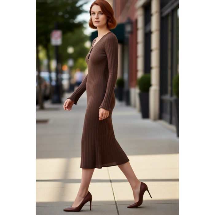 Kadın Kahverengi Düz Akrilik V Yaka Maxi Triko Elbise Uzun Kollu Casual Şıklık Kaliteli Şık