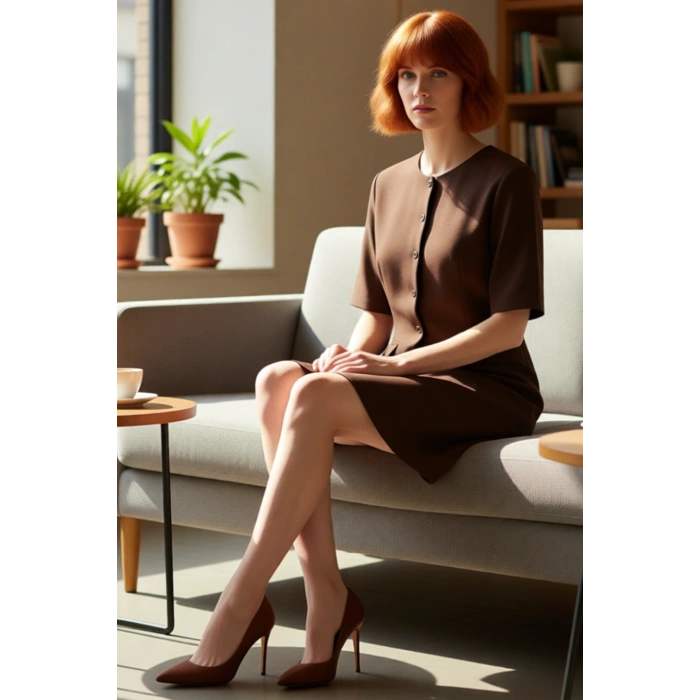 Kadın Kahverengi Düz Desen Kısa Kol A Line Dokuma Elbise Modern Mini Boy Ofis ve Günlük Kullanım