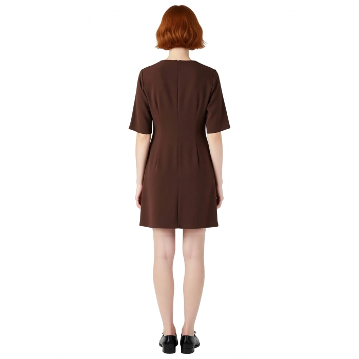 Kadın Kahverengi Düz Desen Kısa Kol A Line Dokuma Elbise Modern Mini Boy Ofis ve Günlük Kullanım