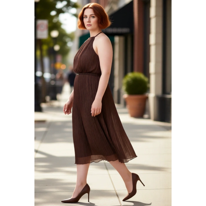 Kadın Kahverengi Halter Yaka Kolsuz Şifon Dokuma Maxi Boy Elbise Yaz Davetleri İçin İdeal Kaliteli
