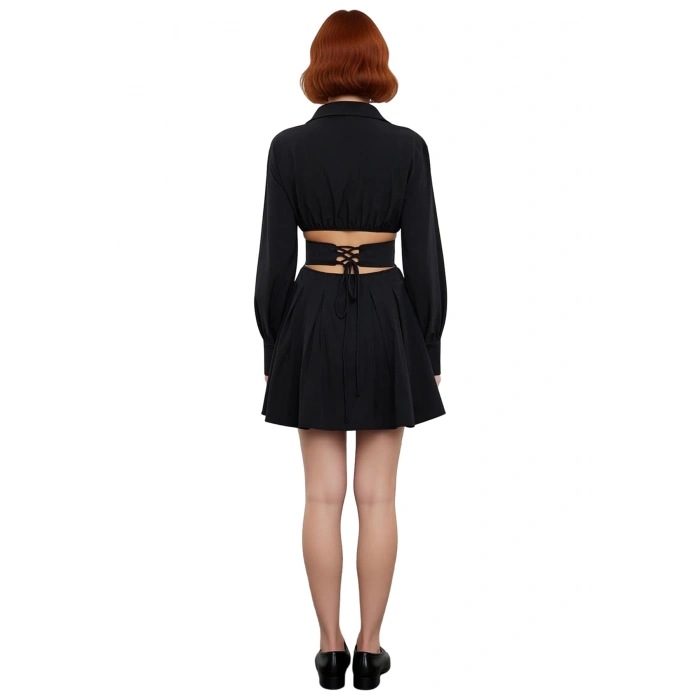 Kadın Kahverengi Korse Detaylı Poplin Gömlek Elbise Şık Kısa Mini Gece Elbisesi Tasarımı Kaliteli