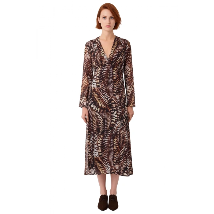 Kadın Kahverengi Maxi Elbise Tüy Desenli V Yaka Uzun Kol Astarlı Şifon Dokuma Gündüz Gece Kaliteli