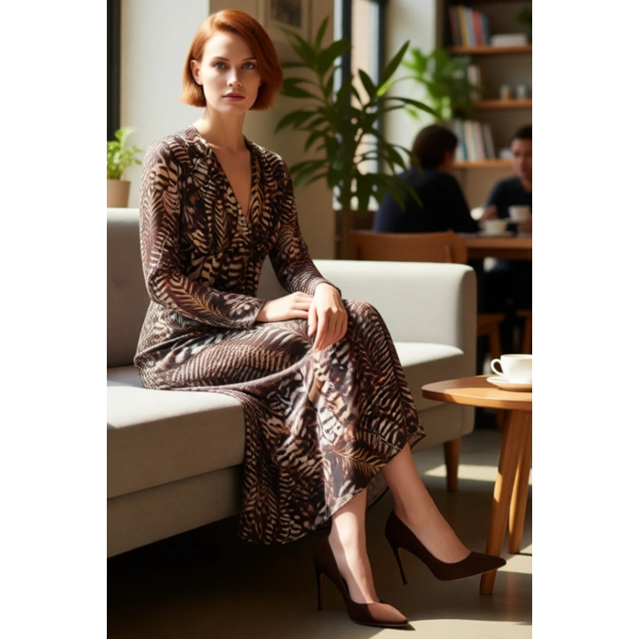 Kadın Kahverengi Maxi Elbise Tüy Desenli V Yaka Uzun Kol Astarlı Şifon Dokuma Gündüz Gece Kaliteli