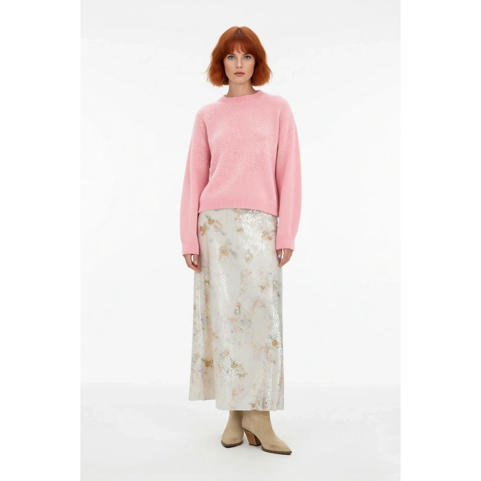 Kadın Kahverengi Oversize Triko Kazak Bisiklet Yaka Düşük Kol Tasarımı Kış Günleri İçin İdealdir