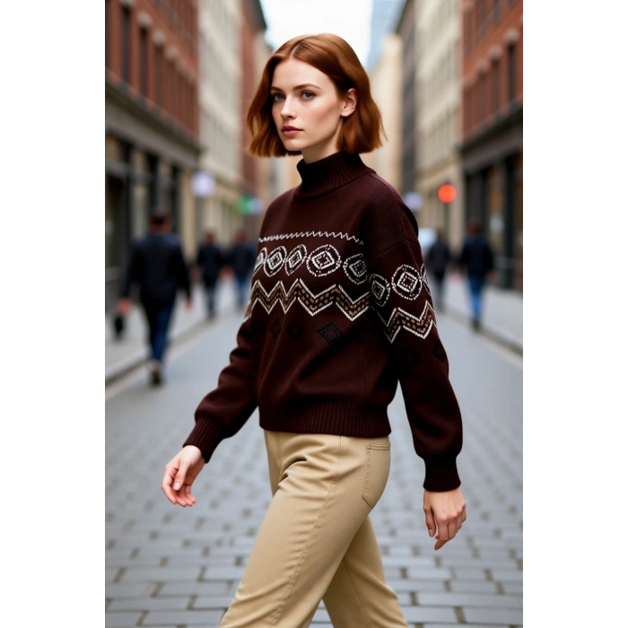 Kadın Kahverengi Pike Dokumalı Etnik Desenli Dik Yaka Triko Kazak Soğuk Günler İçin İdeal Seçim
