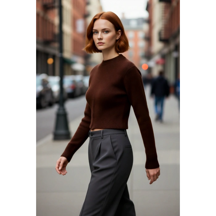 Kadın Kahverengi Regular Kalıp Crop Düşük Kol Triko Bisiklet Yaka Fermuar Detaylı Kalın Kazak