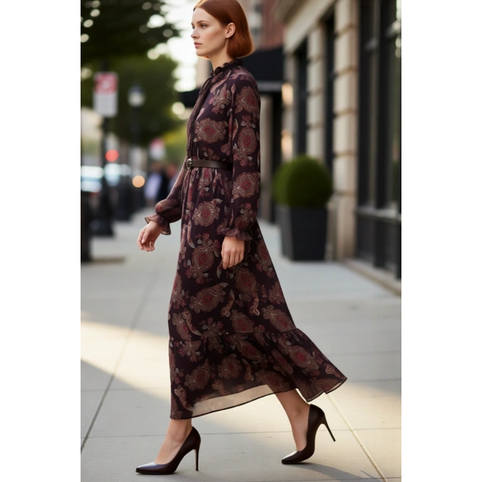 Kadın Kahverengi Şal Desenli Kemerli Balon Kol Maxi Şifon Astarlı Tesettür Elbise Günlük Kaliteli