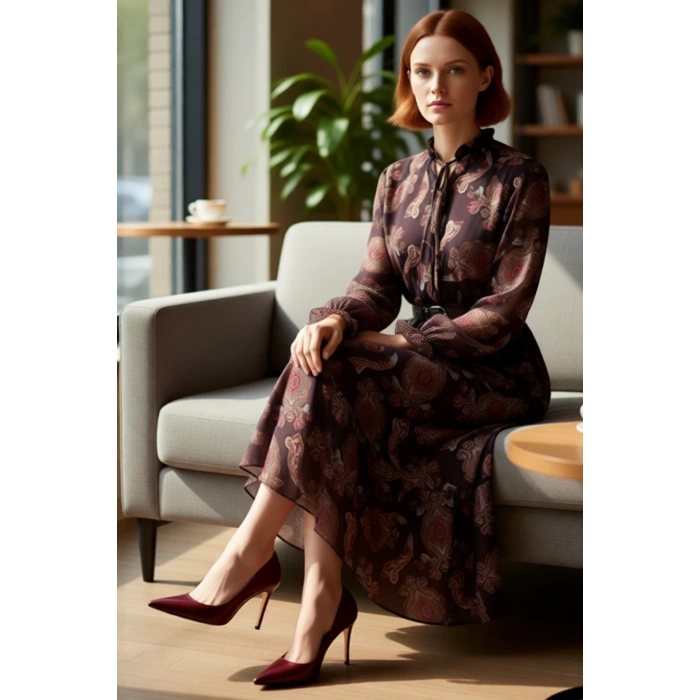 Kadın Kahverengi Şal Desenli Kemerli Balon Kol Maxi Şifon Astarlı Tesettür Elbise Günlük Kaliteli