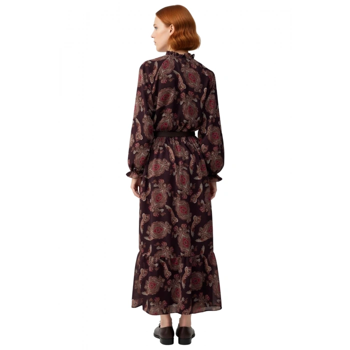 Kadın Kahverengi Şal Desenli Kemerli Balon Kol Maxi Şifon Astarlı Tesettür Elbise Günlük Kaliteli