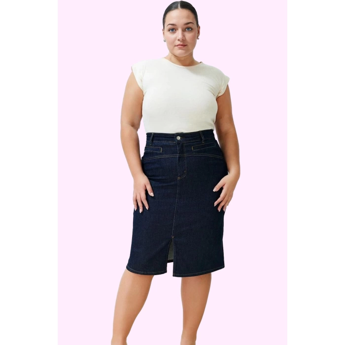 Kadın Kalem Denim Midi Etek Yüksek Bel Cepsiz Kemersiz Günlük Şık Yaz Aylarının Vazgeçilmezi