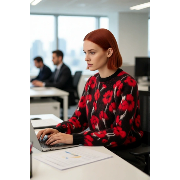 Kadın Kalın Çiçekli Triko Kazak Regular Kesim Bisiklet Yaka Düşük Kol Günlük Kombinler İçin Şık