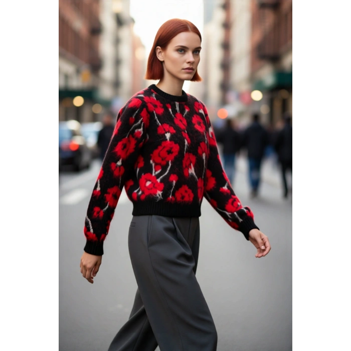 Kadın Kalın Çiçekli Triko Kazak Regular Kesim Bisiklet Yaka Düşük Kol Günlük Kombinler İçin Şık