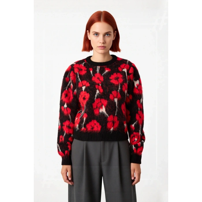 Kadın Kalın Çiçekli Triko Kazak Regular Kesim Bisiklet Yaka Düşük Kol Günlük Kombinler İçin Şık