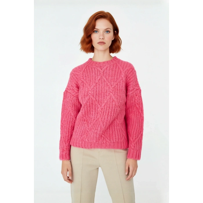 Kadın Kalın Saç Örgülü Oversize Triko Kazak Soğuk Havalar İçin Şık Bisiklet Yaka Standart Kol