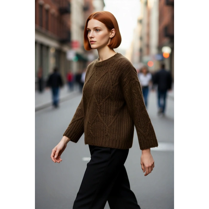 Kadın Kalın Saç Örgülü Oversize Triko Kazak Soğuk Havalar İçin Şık Bisiklet Yaka Standart Kol