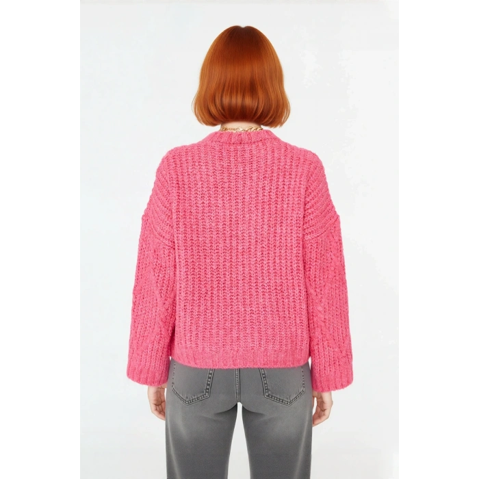 Kadın Kalın Saç Örgülü Oversize Triko Kazak Soğuk Havalar İçin Şık Bisiklet Yaka Standart Kol