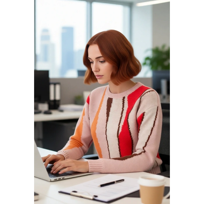 Kadın Kalın Triko Kazak Regular Kesim Renk Bloklu Bisiklet Yaka Düşük Kol Kış Stili Kaliteli