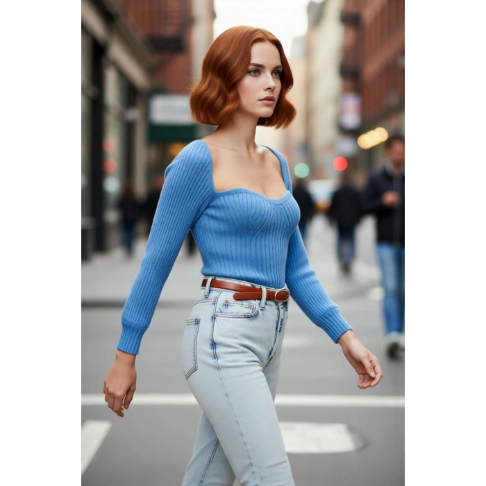 Kadın Kalp Yaka Crop Triko Kazak Regular Kalıp Uzun Kollu Fitilli Akrilik Günlük Şık Giyim