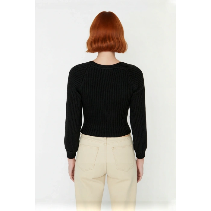 Kadın Kalp Yaka Crop Triko Kazak Regular Kalıp Uzun Kollu Fitilli Akrilik Günlük Şık Giyim