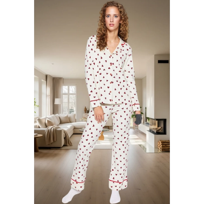 Kadın Kalpli Desenli Pamuklu Pijama Takımı Rahat Ev Giyim Seti Kış Mevsimi Kullanım