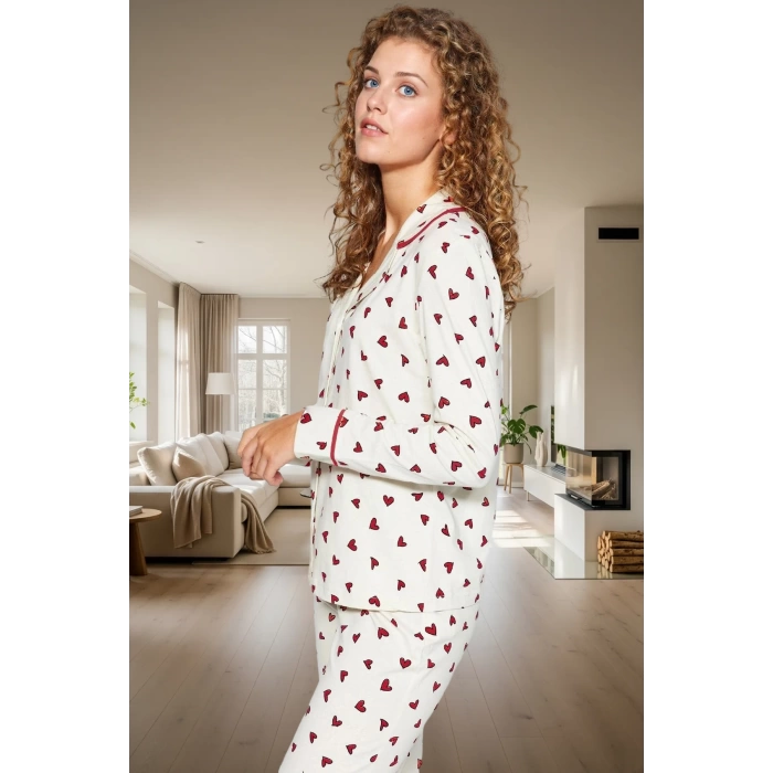 Kadın Kalpli Desenli Pamuklu Pijama Takımı Rahat Ev Giyim Seti Kış Mevsimi Kullanım