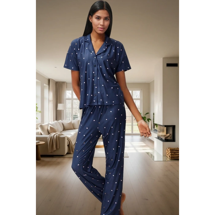 Kadın Kalpli Örme Pijama Takımı Rahat Şık Kısa Kollu Regular Kalıp Premium Kalite Seçkin Malzeme