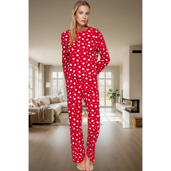 Kadın Kalpli Pamuklu Pijama Takımı Rahat Ev Giyim Seti Kışlık Şık Görünüm Özel Tasarım Modern Stil