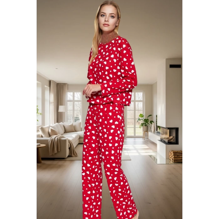 Kadın Kalpli Pamuklu Pijama Takımı Rahat Ev Giyim Seti Kışlık Şık Görünüm Özel Tasarım Modern Stil