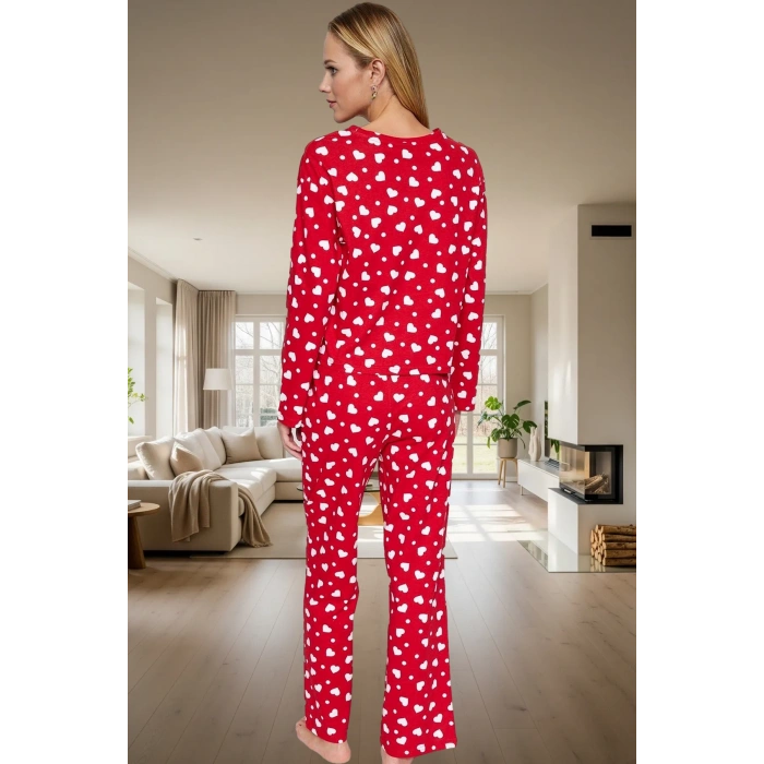 Kadın Kalpli Pamuklu Pijama Takımı Rahat Ev Giyim Seti Kışlık Şık Görünüm Özel Tasarım Modern Stil