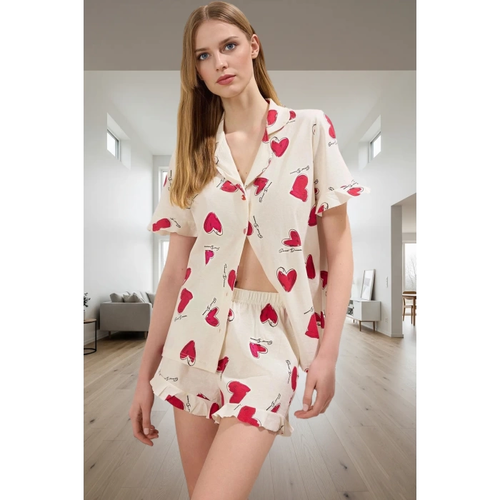 Kadın Kalpli Volanlı Pamuklu Pijama Takımı Rahat Yazlık Ev Giyim Trend Tasarım Profesyonel Görünüm