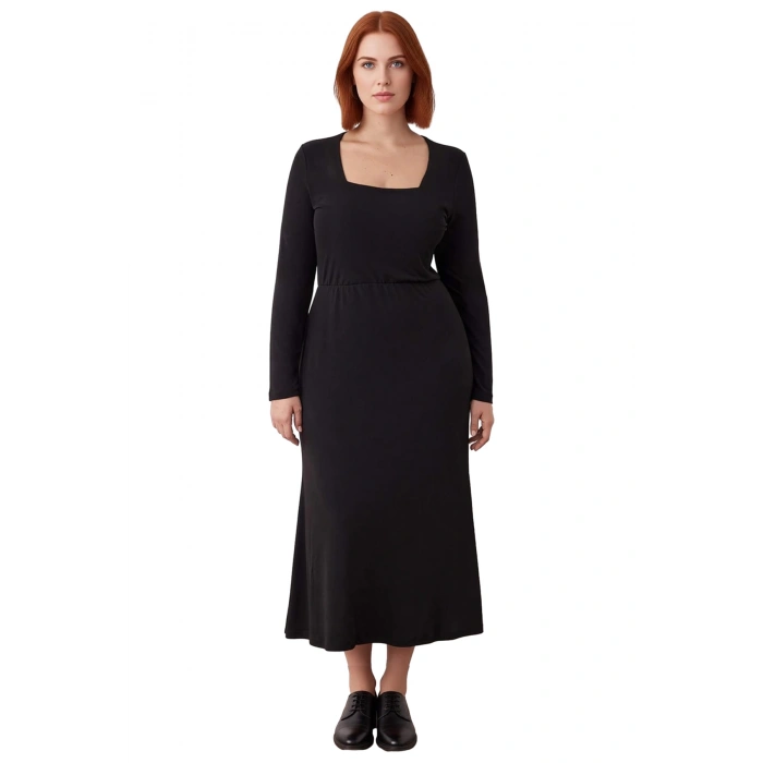 Kadın Kare Yaka A Line Kesim Uzun Kollu Örme Maxi Elbise Şık Ve Konforlu Günlük Stil Kaliteli