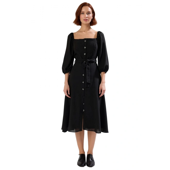 Kadın Kare Yaka Full Düğmeli Midi Boy Kuşak Detaylı Dokuma Balon Kol Gömlek Elbise Kaliteli