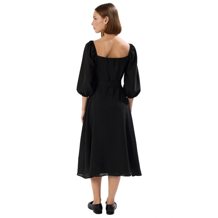 Kadın Kare Yaka Full Düğmeli Midi Boy Kuşak Detaylı Dokuma Balon Kol Gömlek Elbise Kaliteli