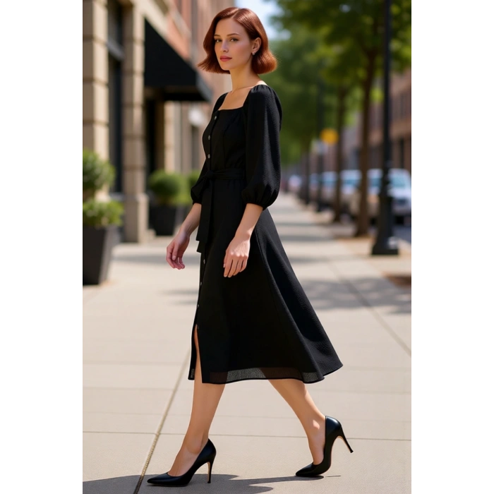 Kadın Kare Yaka Full Düğmeli Midi Boy Kuşak Detaylı Dokuma Balon Kol Gömlek Elbise Kaliteli